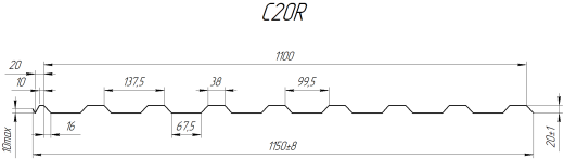 Профнастил С20R 1150/1100x0,65 мм, 7011 железно-серый глянцевый